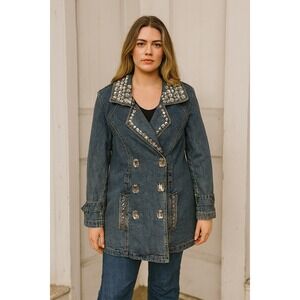 Berek 2 Vintage Denim Jacket Coat Bedazzled Faux Jewels Mid Length L Bling‎ Y2K